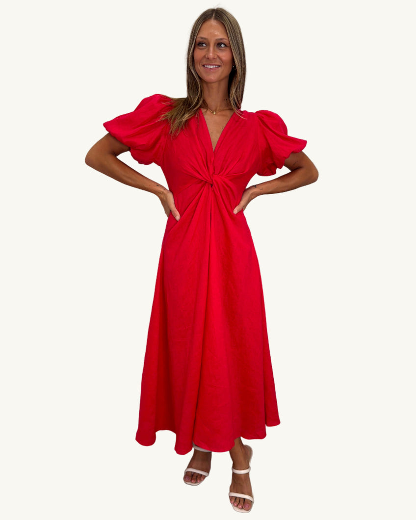 Chica Twist Linen Dress - Raspberry