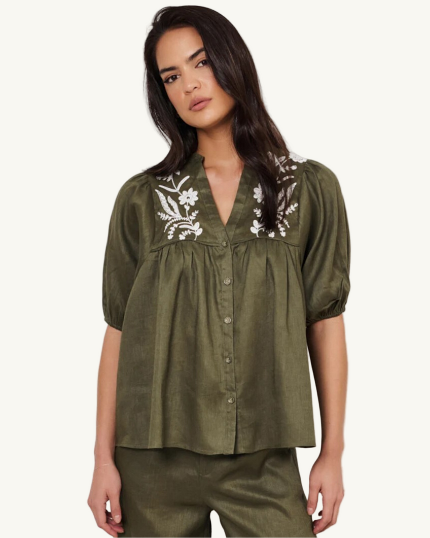 Palmer Embroidered Boho Top - Khaki