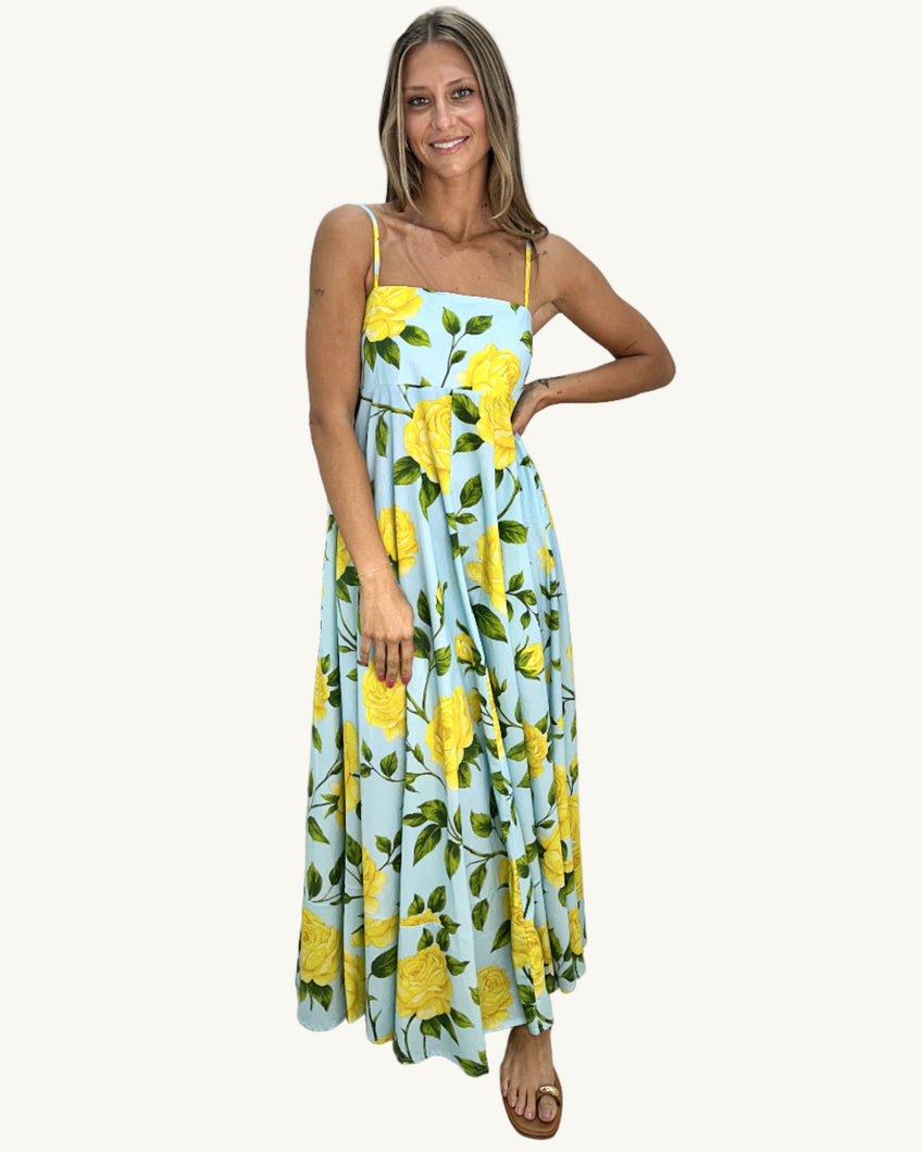 blue and yellow print summer dress