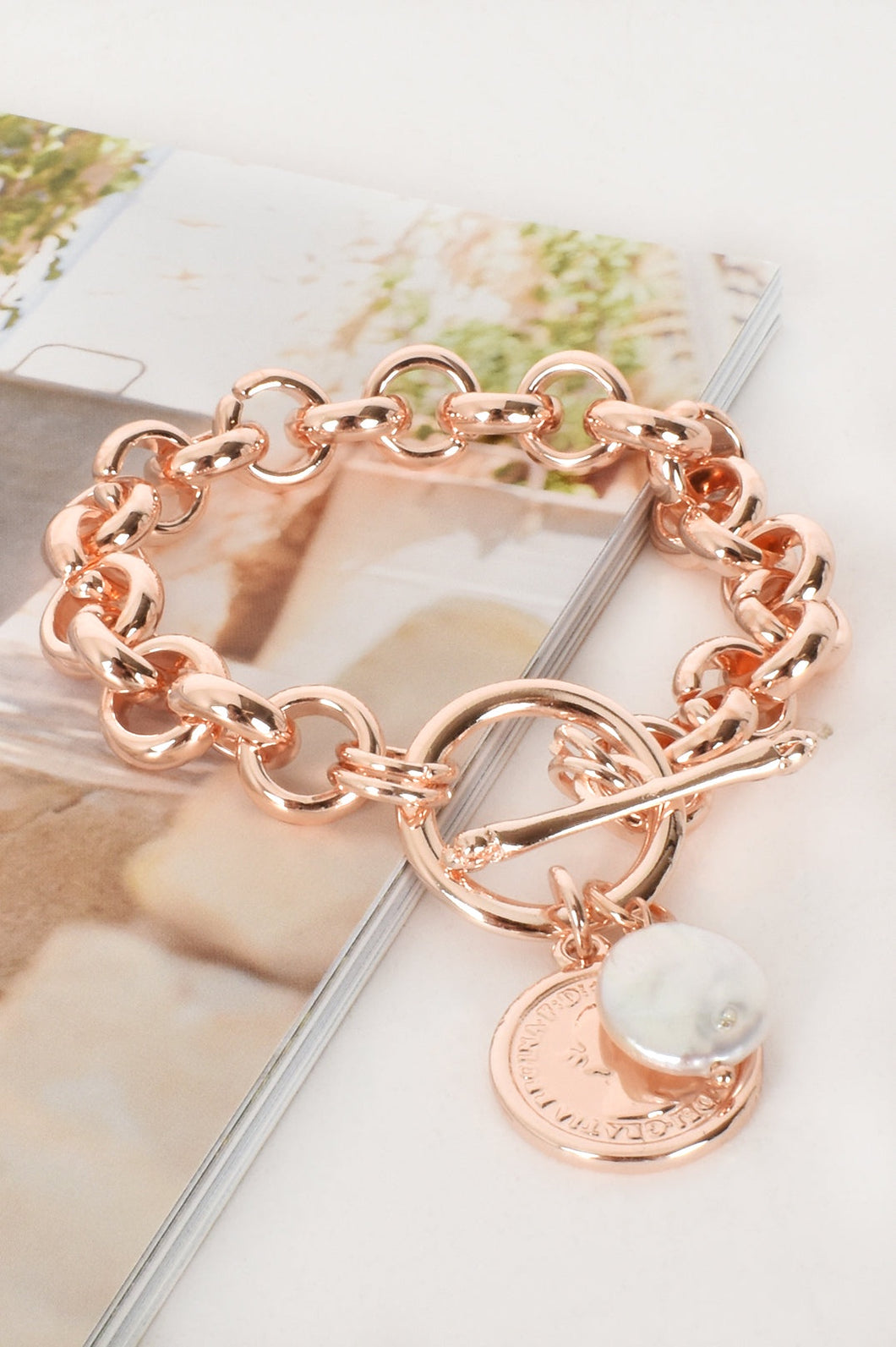 Adorne Coin & Pearl Round Link Chain Bracelet